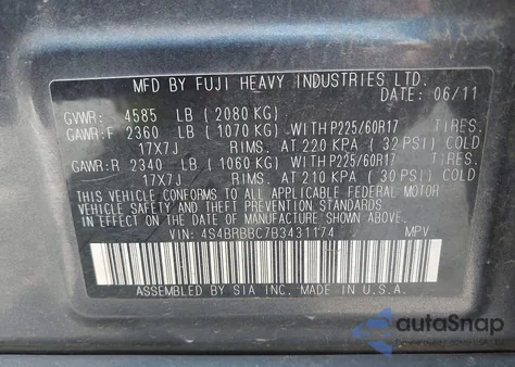 2011 Subaru Outback 2.5I Premium from USA, damaged, VIN 4S4BRBBC7B3431174